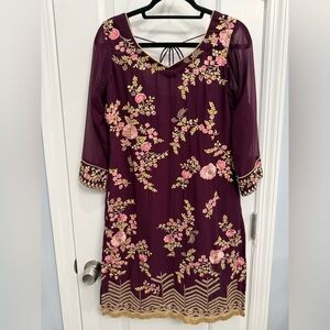 Wine Purple Salwar Kameez with Pink & Gold Floral Embroidery